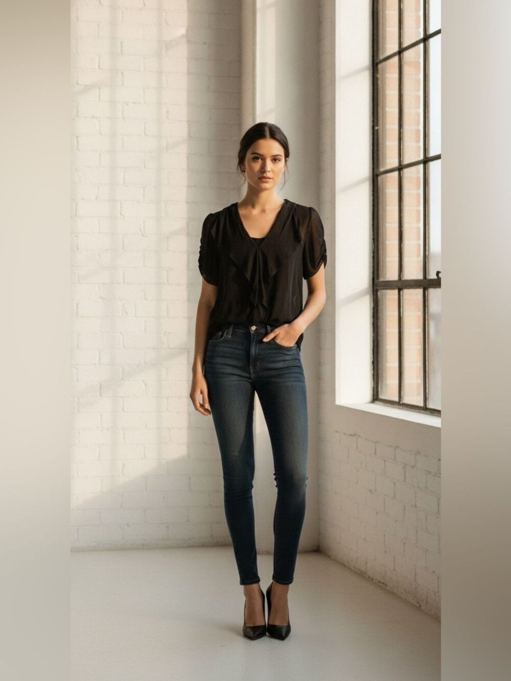 t.babaton silk sheer Elegant Black Women's ruffled Top size small
